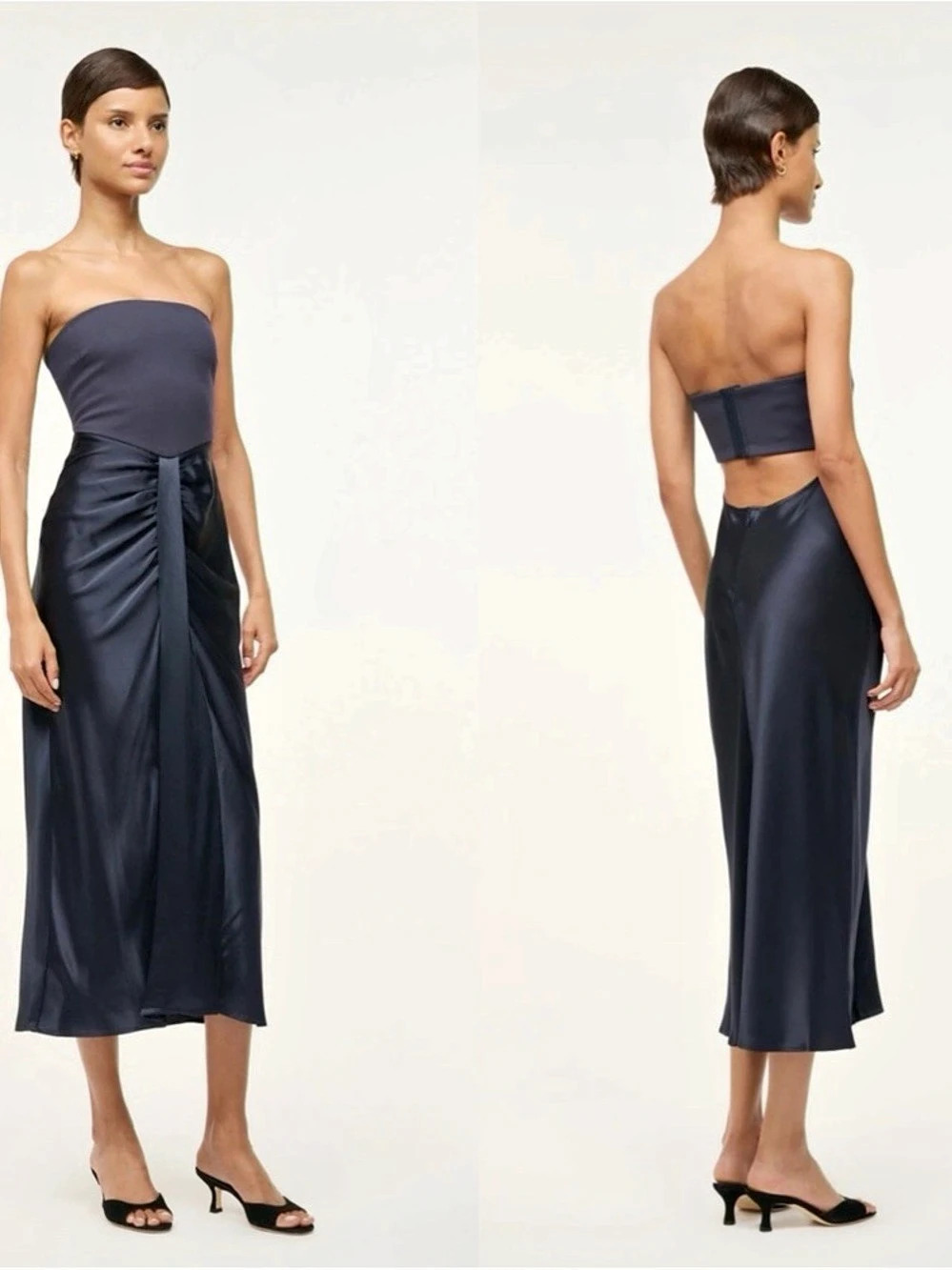 STAUD Midi Wayfaring Dress Ruched Strapless Blue Size 10 NWT retails $450 - Picture 3 of 9